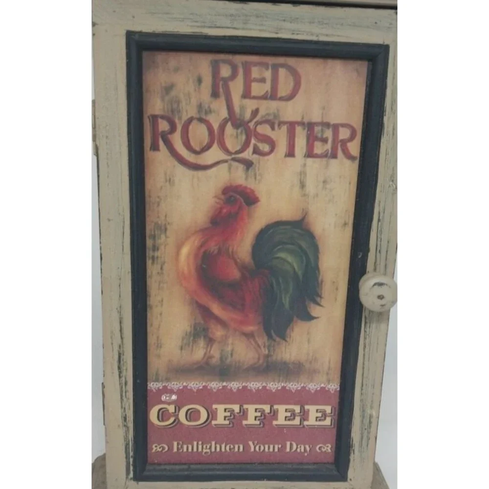 Vtg Red Rooster Coffee Sign Framed Art Key Holder Wall Box Free Standing/Mount